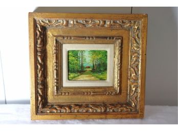 Small Signed Oil Painting Of Red Cabin In The Woods, With Linen Mat And Nicely Detailed Gold Frame