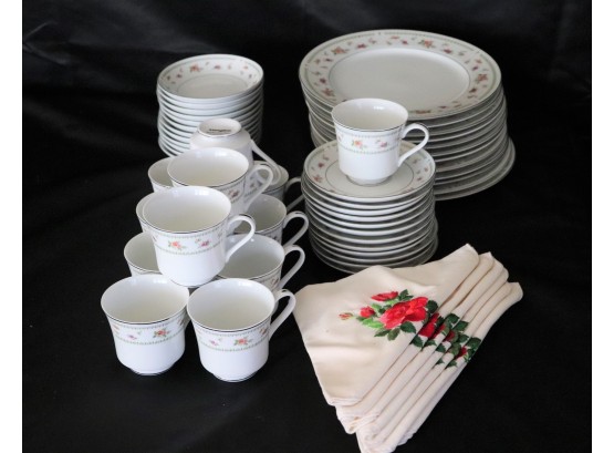 Luncheon Set By Abingdon Fine Porcelain China & 8 Hand Embroidered Napkins