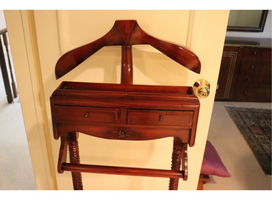 Dark Wood Valet With Twist Wood Legs & 2 Drawers And Removable Hanger Back