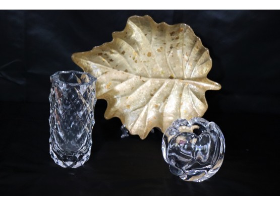 Decorative Lot With Orrefors Crystal Vase, Signed Tall Textured Crystal Vase & Leaf Serving Plate