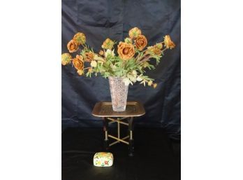 Metal Embossed Tray Table With Hand-Painted Decorative Box & Crystal Vase With Silk Flowers