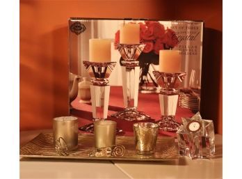 Set Of 3 Lead Crystal Pillar Candle Holders & Orrefors Star Shaped Table Clock, & More