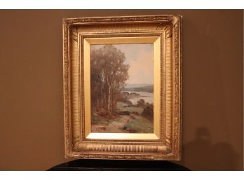 Vintage Waterscape Painting On Wood Board. Signed H. T. McMilllan.