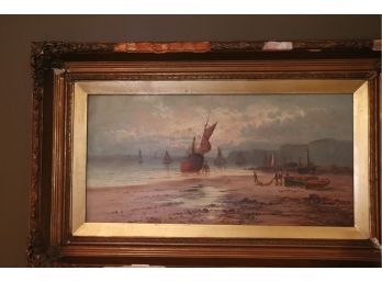 Antique Painting On Canvas Of Early Morning Fishing And Beach Scene  Signed: S.Y.Johnson, 1916-17