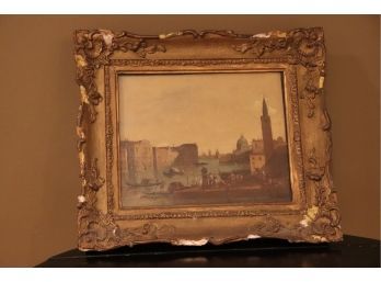 Vintage Venice Painting On Wood Board, Wharf Scene On The Water With Antique Buildings
