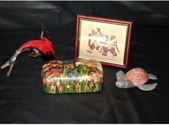 Lot Of Decorative Items Such As Art Glass Fish, Hand Painted Box & Small Elephant Painting