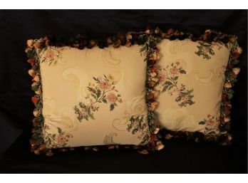 Pair Of Romantic Style Silk Pillows With Flowers And Silk Tassel Fringe