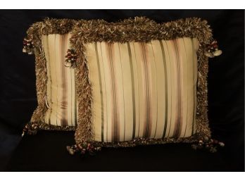 Pair Of Custom Striped Silk Pillows With Silk Fringes & Tassels