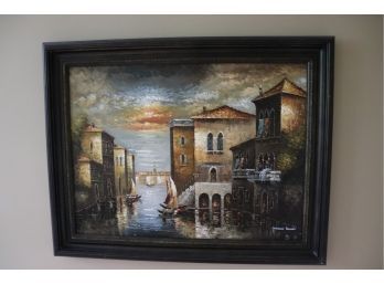 Large Oversized Venice Italy Oil, Scene Of Canals, Buildings And Setting Sun 57 X 45