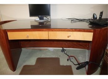 Curved Kidney Shaped Desk Of Mixed Woods, With 2 Drawers With Leather Pulls