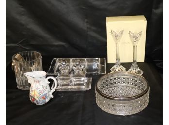 Lot Of Assorted Tabletop Items Including Pair Lenox Crystal Candlesticks, Crystal Ice Bucket  More