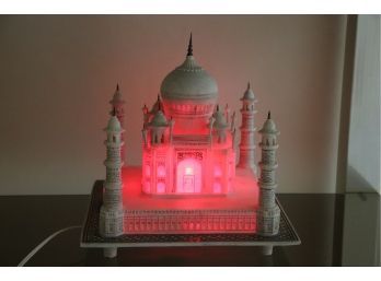 Marble Replica Of The Taj Mahal With Red Interior Light On Its Own Engraved Marble Base