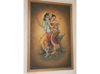 Vintage Indian Painting Of Lord Krishna & Radha Signed & Framed