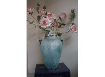 Aqua Color Vase With Handles In A Sandblasted Finish With Iridescent Rim & Silk Roses