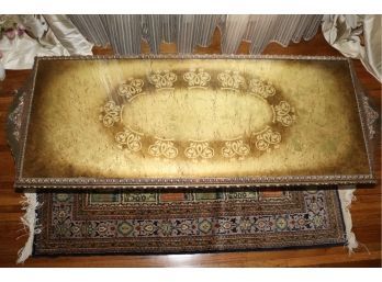 Italian Provincial Gold Tone Coffee Table With Column Base And Glass Top