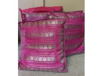 Group Of Five Silk Decorative Throw Pillows In Bright Purple With Green Paisley Accents