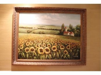 Painting Of Field Of Sunflowers And Bucolic Farmland Scene. Handsigned By S. Gallo