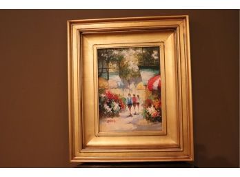 Pretty Painting And Gold Frame Of Outdoor Floral Market Scene