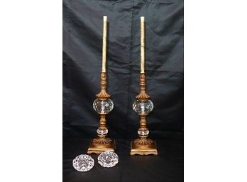 Pair Of Stylish Candlesticks With Faceted Crystal Ball & Embellished Taper Candles & Orrefors Candleholders