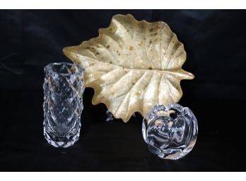 Decorative Lot With Orrefors Crystal Vase, Signed Tall Textured Crystal Vase & Leaf Serving Plate