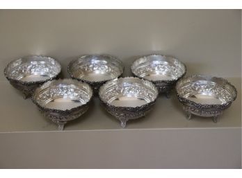Set Of 6 Sterling Silver Small Round Footed Nut Dishes From India With Embossed Borders