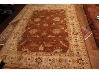 Pretty Handmade Medium Brown And Cream Wool Rug With Light Blue And Maroon Accents