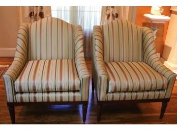 Pair Of Henredon Modern Style Wing Chairs From Safavieh In Striped Silk Fabric