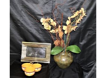 Decorative Group Includes Pottery Vase  Silk Orchids, Glass Serving Plate & Crate & Barrel Dish