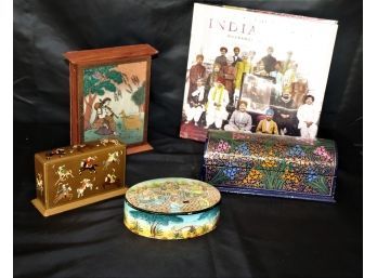 Lot Of Assorted Indian Items Including Hand Painted Boxes & India Now Hardcover Book