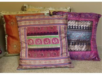 Group Of 4 Silk Decorative Throw Pillows With Indian Motif, Highlighted With Gold Thread