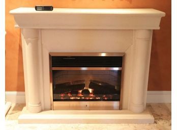 Contemporary Style Built In Electric Fireplace In Sandstone Textured Surround & Mantle With Columns