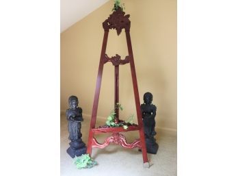 Carved Wood Easel With Faux Ivy With Pair Of Hard Plastic Indian Goddesses With Offering Bowls