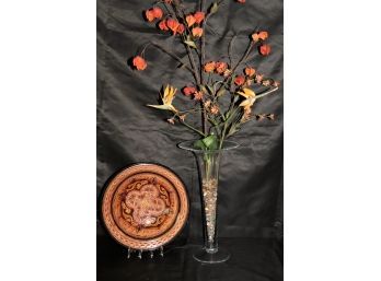 Moroccan Hand Painted Ceramic Decorative Bowl & Tall Glass Vase With Fluted Rim