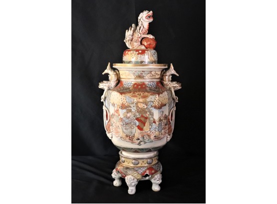 Oversized Colorful & Unique Satsuma Urn With Lid On Bas