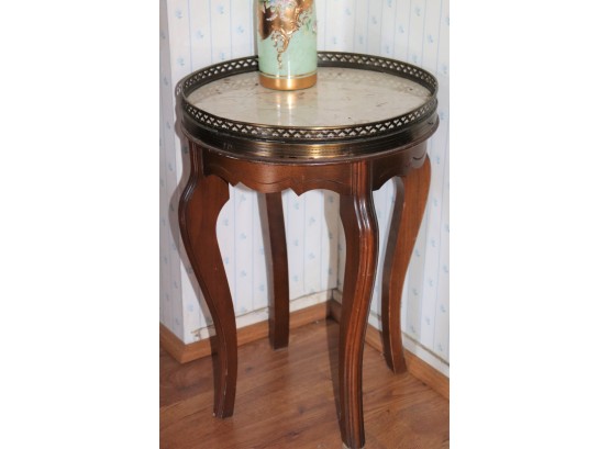 Marble Topped Occasional Table & Hand Blown And Painted Decorative Glass Vase
