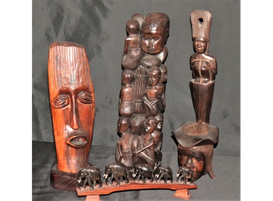 4 Super Cool Hand Carved African Wood Sculptures Of Totems & Elephant Crossing
