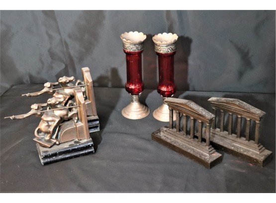 Pair Of Ruby Red Glass & Silver Tone Metal Candlesticks & 2 Pairs Of Heavy Bookends