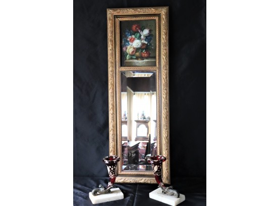 Williamsburg Style Painted Panel With Beveled Wall Mirror & A Pair Of Glass Cornucopia Bookends