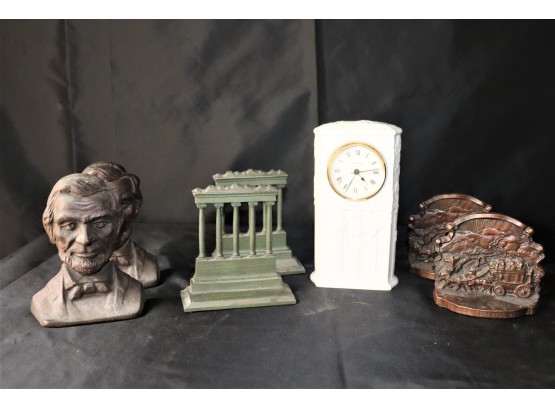 3 Pairs Of Vintage Cast Iron Bookends & Wedgwood Classic Garden Fine Earthenware Clock