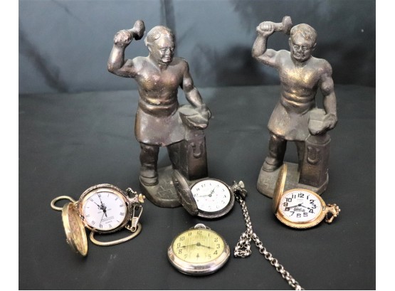 4 Classic Pocket Watches & Heavy Metal Blacksmith Bookends In Bronze Finish