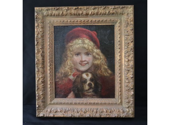 Portrait Painting Of Young Victorian Girl With Dog In Ornate Gilded Frame