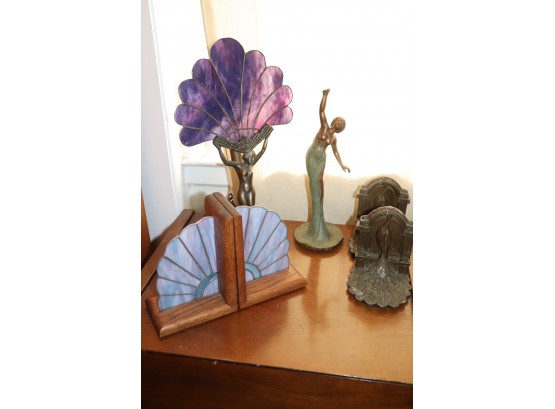 Pair Of Stain Glass Bookends, Stain Glass & Gilded Table Lamp & More