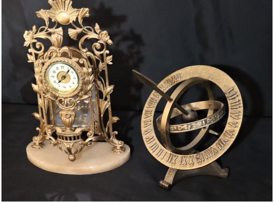 Brass Sun Dial Sculpture & Ornate Metal Quartz Mantle Clock With Marble Base