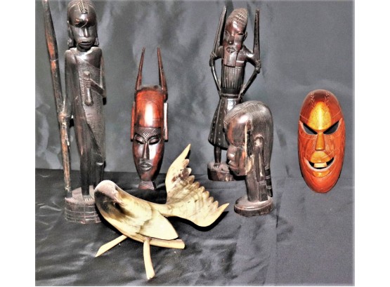 5 Hand Crafted African Wood Carvings & Hand Carved Horn Sculpture