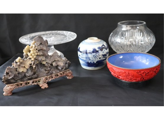 Assorted Oriental Style Decorative Accessories  Soapstone Carving, Cinnabar Bowl & More