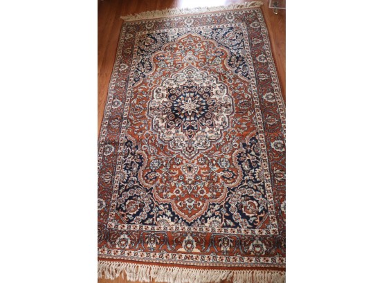 Handmade Wool Rug With Center Medallion In Blue & Rust
