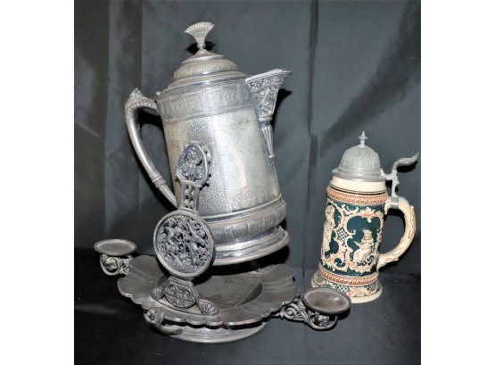 Antique Ornate British Silverplated Water Pitcher & Decorative Stein With Pewter Lid