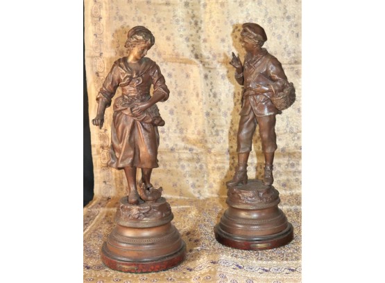 Pair Of French Bronze Finish Cast Figural Sculptures With A Golden & Amethyst Silk Runner