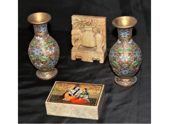Unique Assorted Decorative Accessories  Pair Of Brass Cloisonne Vases & More