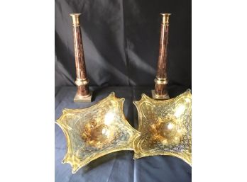 Gorgeous Gold Fleck Murano Glass Bowl Sculpture & Pair Of Enrique Garcel Candleholders